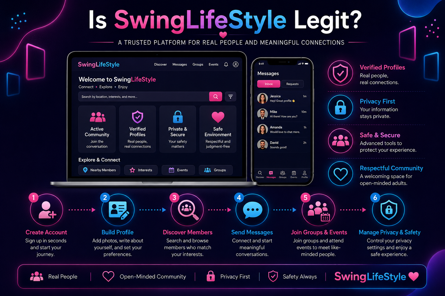 Is SwingLifeStyle Legit? infographic showing a social networking platform with diverse adults, profile discovery, messaging, groups and events, verified profiles, privacy, and safety features.