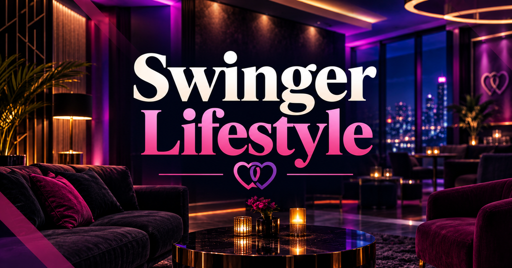 Swinger Lifestyle editorial image featuring a luxurious modern lounge with purple and pink lighting, elegant seating, candles, and a sophisticated nightlife atmosphere